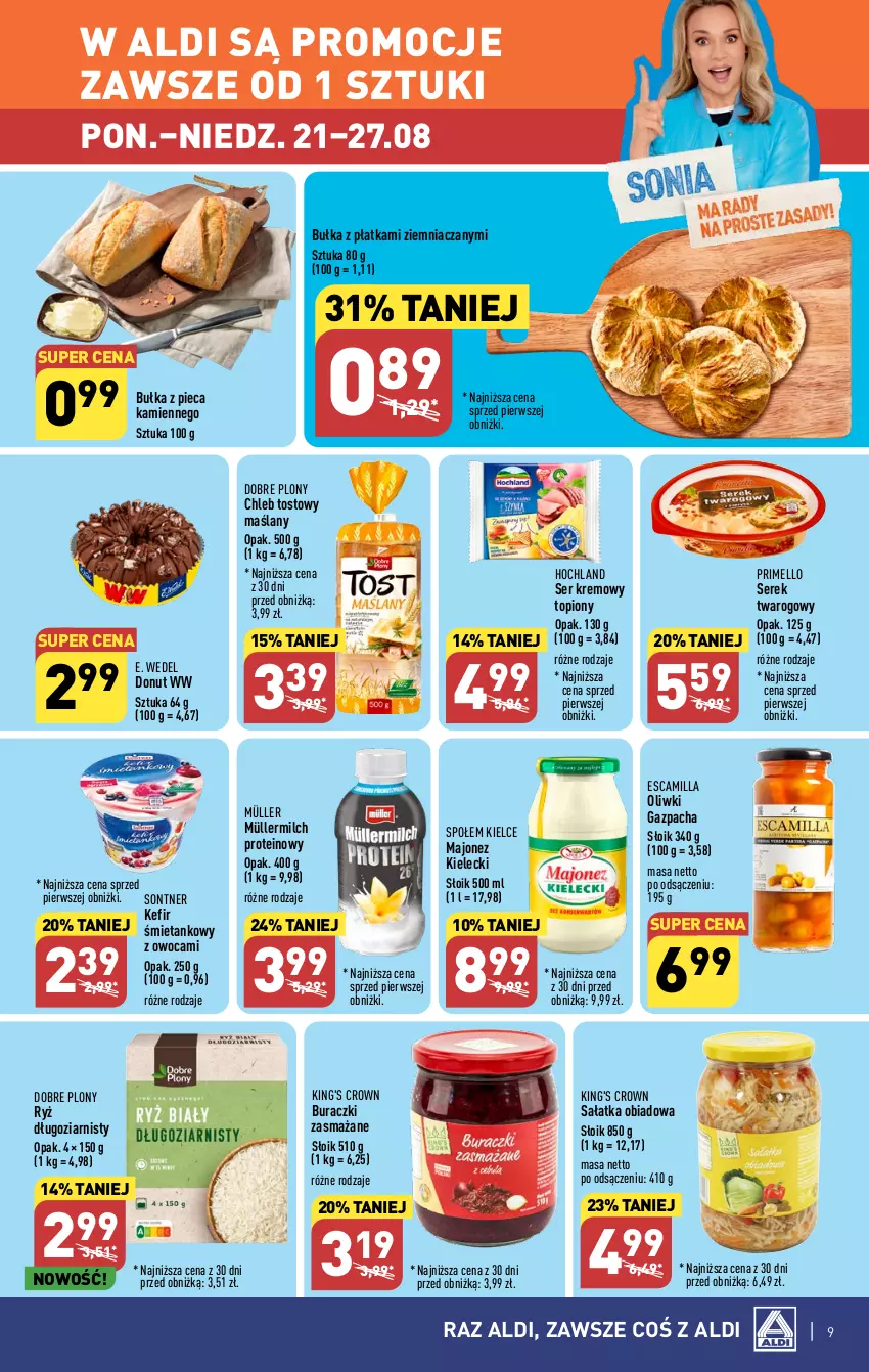 Gazetka promocyjna Aldi - Pełna oferta - ważna 21.08 do 27.08.2023 - strona 9 - produkty: Bułka, Buraczki, Chleb, Chleb tostowy, Donut, E. Wedel, Hochland, Kefir, Majonez, Müller, Müllermilch, Oliwki, Piec, Ryż, Sałat, Sałatka, Ser, Serek, Serek twarogowy, Top