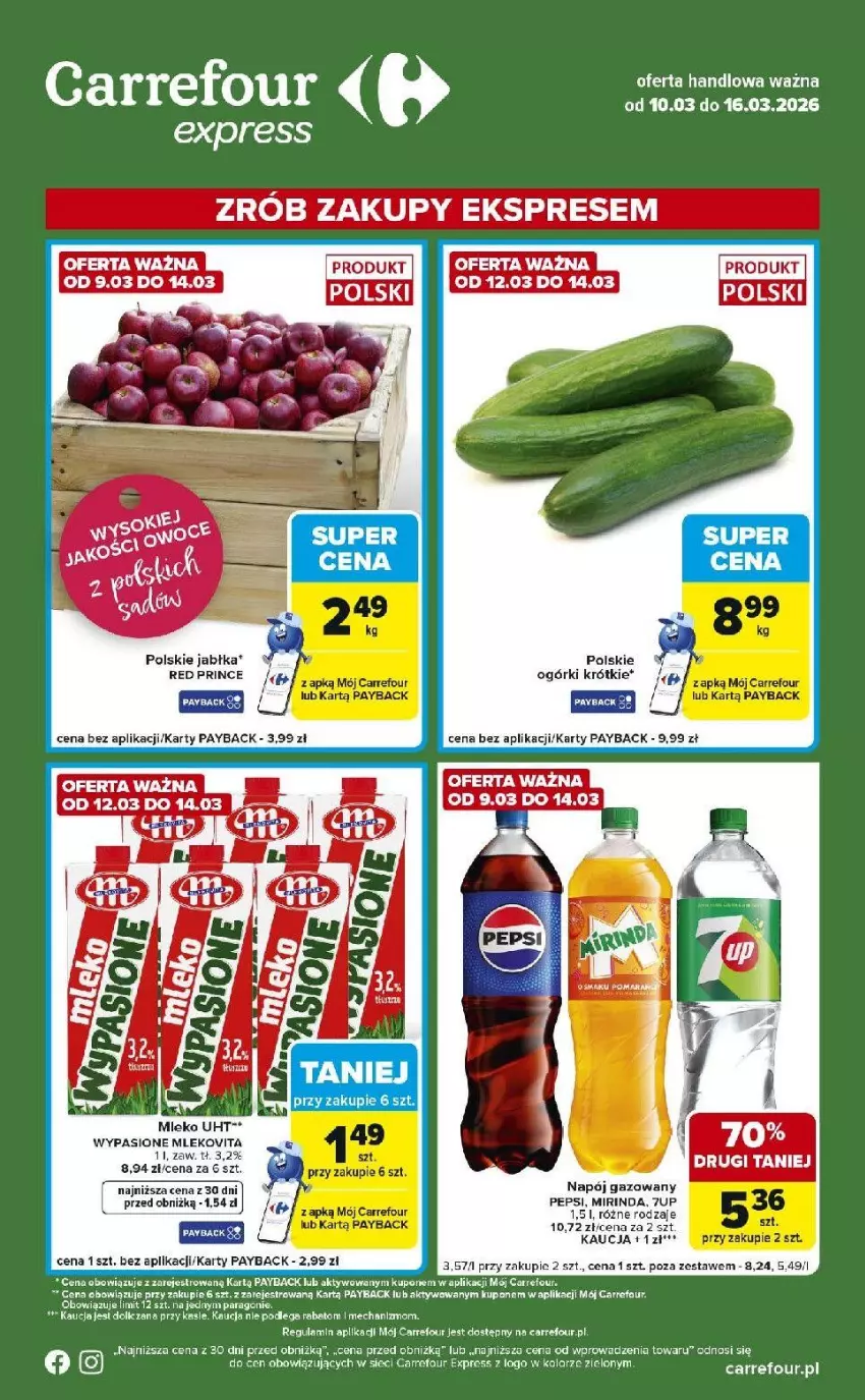 Gazetka promocyjna Carrefour - Gazetka Express - ważna 10.03 do 16.03.2026 - strona 1 - produkty: 7up, Fa, Jabłka, Mirinda, Mleko, Mlekovita, Napój, Napój gazowany