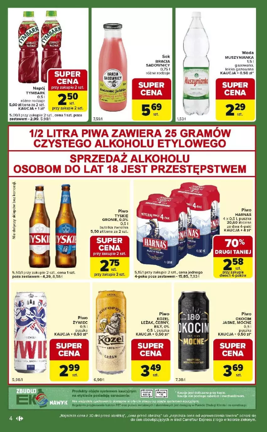 Gazetka promocyjna Carrefour - Gazetka Express - ważna 10.03 do 16.03.2026 - strona 4 - produkty: Fa, Harnaś, Koc, Kozel, Mus, Muszynianka, Okocim, Piwa, Piwo, Por, Sok, Tymbark, Tyskie, Woda