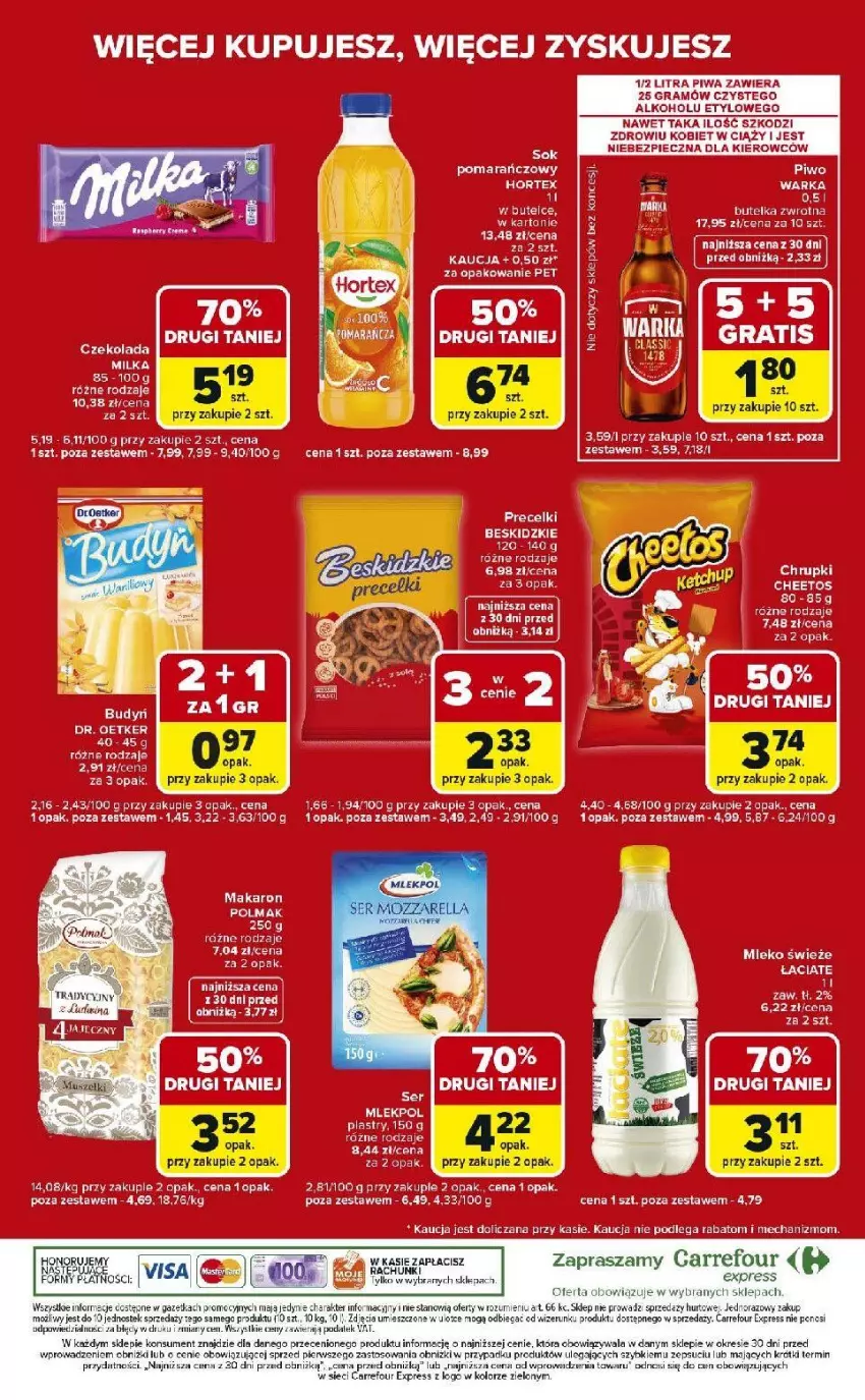 Gazetka promocyjna Carrefour - Gazetka Express - ważna 10.03 do 16.03.2026 - strona 8 - produkty: Beskidzki, Cheetos, Dr. Oetker, Fa, Gra, Hortex, Makaron, Mleko, Piec, Piwa, Piwo, Precelki, Sok, Stek, Warka