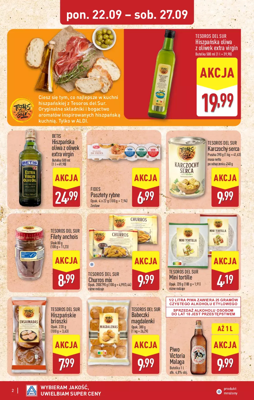 Gazetka promocyjna Aldi - Tydzień Hiszpański - ważna 22.09 do 27.09.2025 - strona 2 - produkty: Babeczki, Gin, Gra, Karczochy, Oliwa, Oliwa z oliwek, Pasztet, Piwa, Piwo, Ser