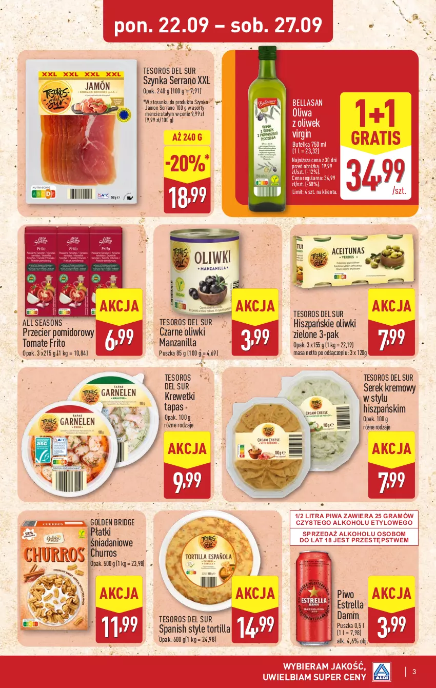 Gazetka promocyjna Aldi - Tydzień Hiszpański - ważna 22.09 do 27.09.2025 - strona 3 - produkty: All Seasons, Bell, Bella, Danio, Gin, Gra, Krewetki, Oliwa, Oliwa z oliwek, Oliwki, Oliwki zielone, Piwa, Piwo, Ser, Serek, Szynka, Tortilla