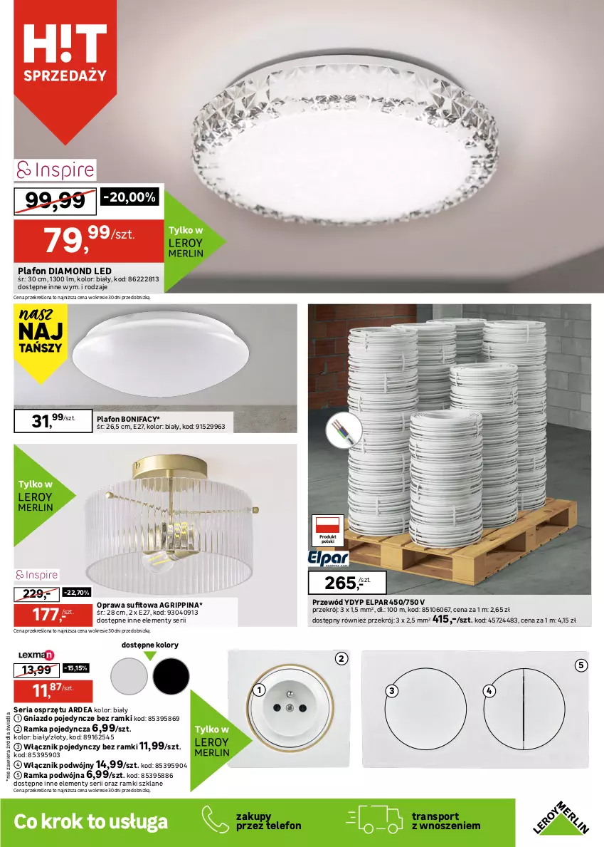 Gazetka promocyjna Leroy Merlin - Gazetka Leroy Merlin - ważna 29.08 do 23.09.2025 - strona 17 - produkty: Fa, Gniazdo pojedyncze, Lampa, Lampa sufitowa, Lampa wisząca, Olej, Plafon, Por, Przewód, Rama, Ramka, Reflektor, Ser, Sport, Telefon, Tran, Włącznik podwójny, Włącznik pojedynczy