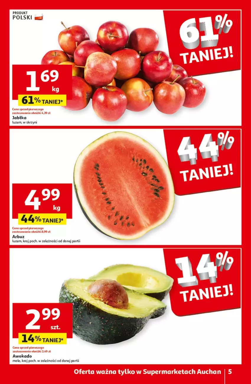 Gazetka promocyjna Auchan - Gazetka Oferty tygodnia! Supermarket Auchan - ważna 11.04 do 17.04.2024 - strona 5 - produkty: Arbuz, Jabłka