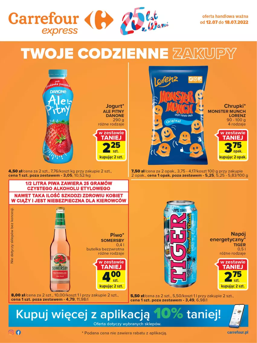 Gazetka promocyjna Carrefour - Gazetka Express - ważna 12.07 do 18.07.2022 - strona 1 - produkty: Chrupki, Danone, Gra, Jogurt, Kosz, Lorenz, Monster Munch, Napój, Piec, Piwo, Somersby, Tiger