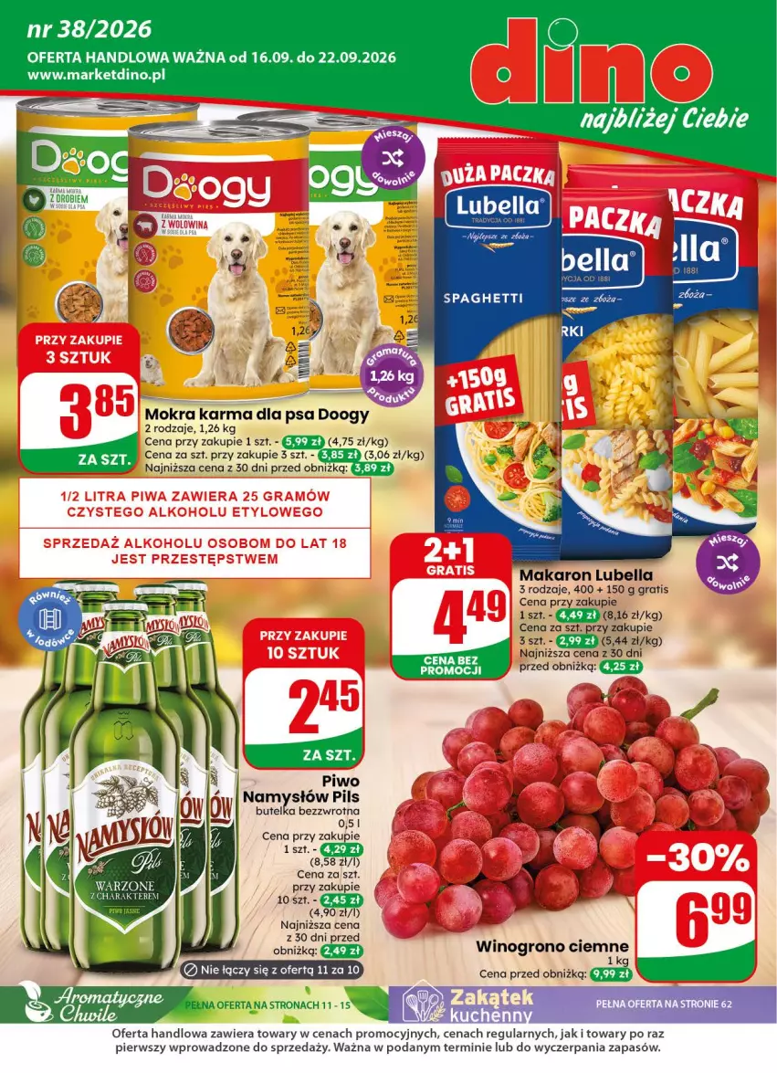 Gazetka promocyjna Dino - Gazetka 38 / 2026 - ważna 16.09 do 22.09.2026 - strona 1 - produkty: Bell, Bella, Gra, JBL, Lubella, Makaron, Mokra karma, Namysłów, Piwo, Spaghetti, Wino