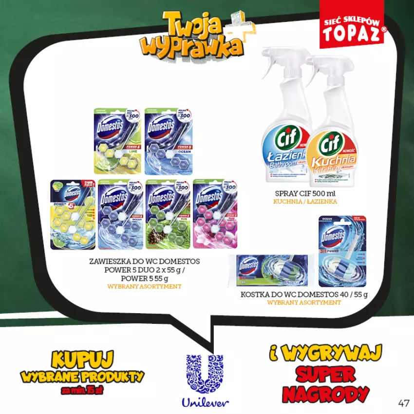 Gazetka promocyjna Topaz - Gazetka - ważna 16.08 do 16.10.2022 - strona 47 - produkty: Domestos, Kostka do wc, Zawieszka do wc