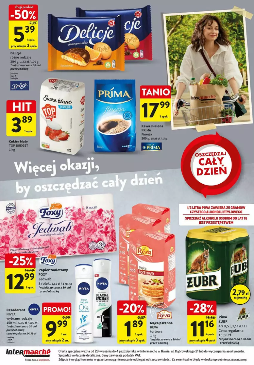 Gazetka promocyjna Intermarche - ważna 28.09 do 04.10.2023 - strona 4 - produkty: Cukier, Delicje, Fa, Foxy, Kawa, Kawa mielona, Papier, Papier toaletowy, Piwo, Prima, Top