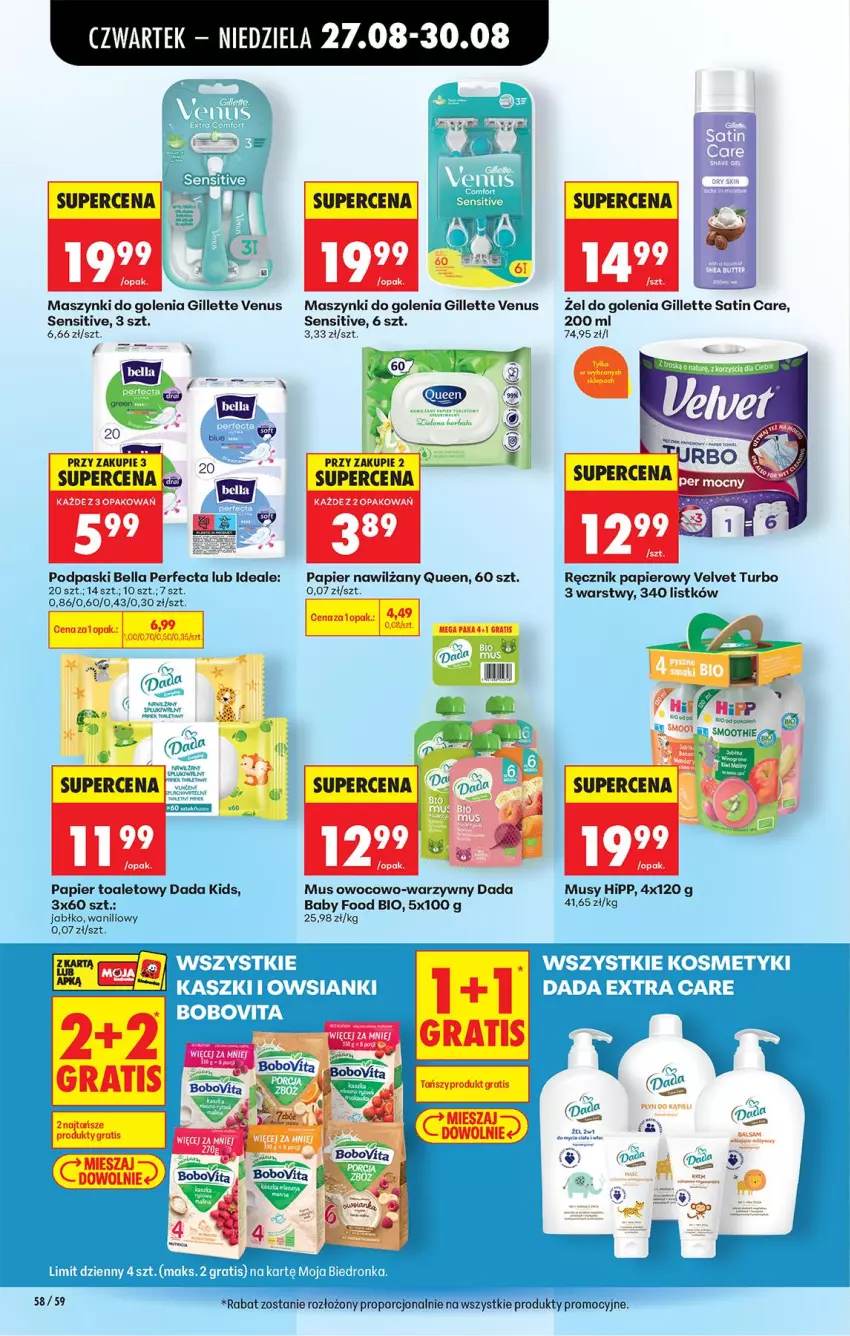 Gazetka promocyjna Biedronka - Od Czwartku - ważna 27.08 do 02.09.2026 - strona 78 - produkty: Bell, Bella, BoboVita, Dada, Gillette, Gillette Venus, Gra, HiPP, Mus, Papier, Papier toaletowy, Perfecta, Podpaski, Ręcznik, Sati, Velvet, Venus