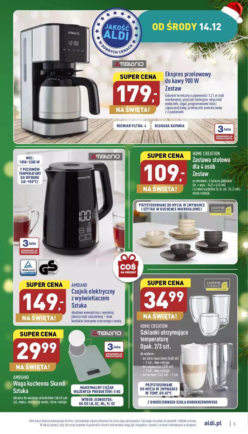 Gazetka promocyjna Aldi - Zaplanuj zakupy wcześniej - ważna 14.12 do 18.12.2022 - strona 5 - produkty: Cappuccino, Chia, Czajnik, Czajnik elektryczny, Dzbanek, Ekspres przelewowy, Fa, Gra, Lanki, Mąka, Mleko, Ryż, Sok, Stek, Talerz, Waga, Woda, Zegar