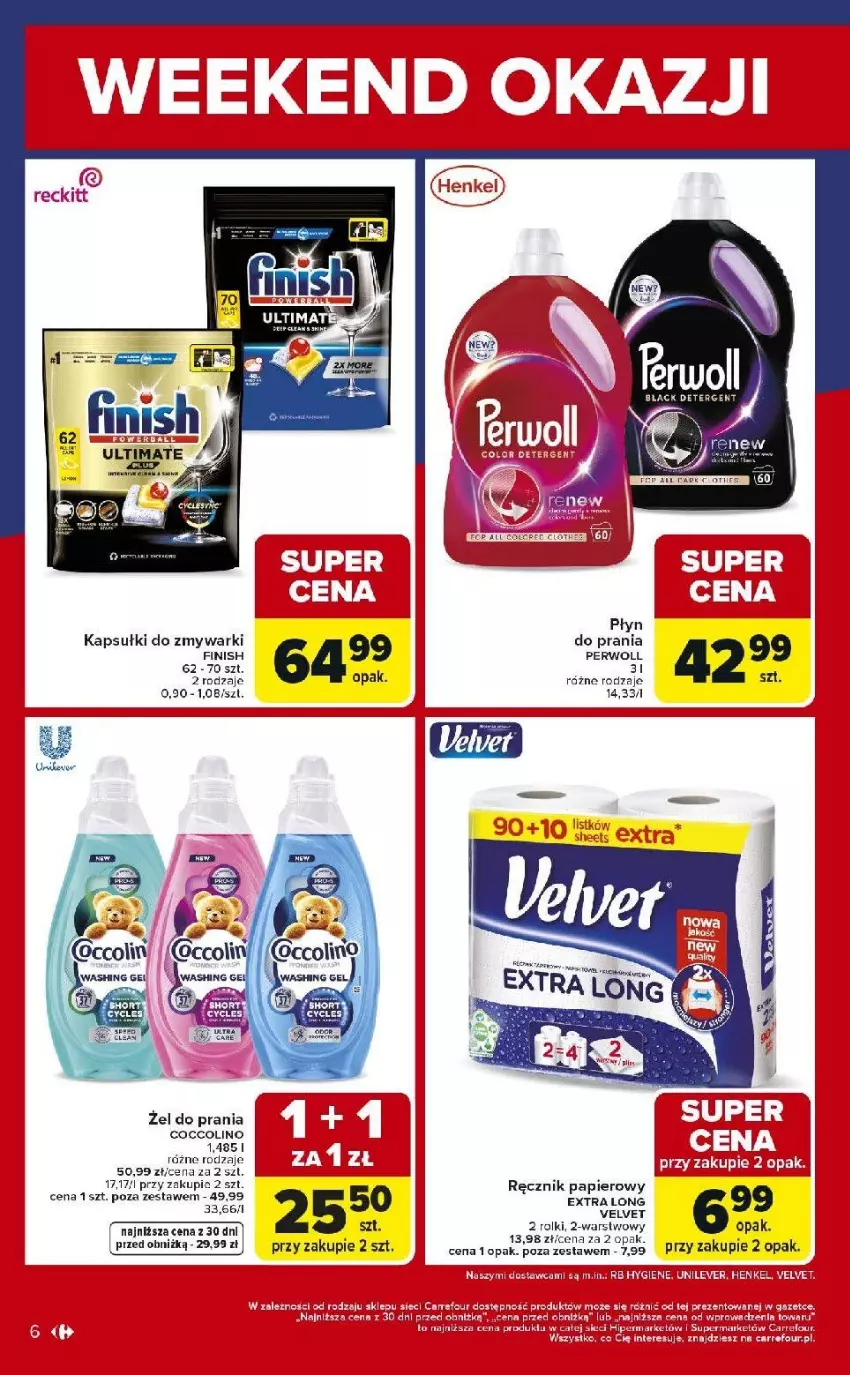 Gazetka promocyjna Carrefour - Gazetka Weekend okazji już od piątku! - ważna 02.01 do 03.01.2026 - strona 6 - produkty: Coccolino, Finish, Papier, Perwoll, Ręcznik, Rolki, Velvet, Zmywarki