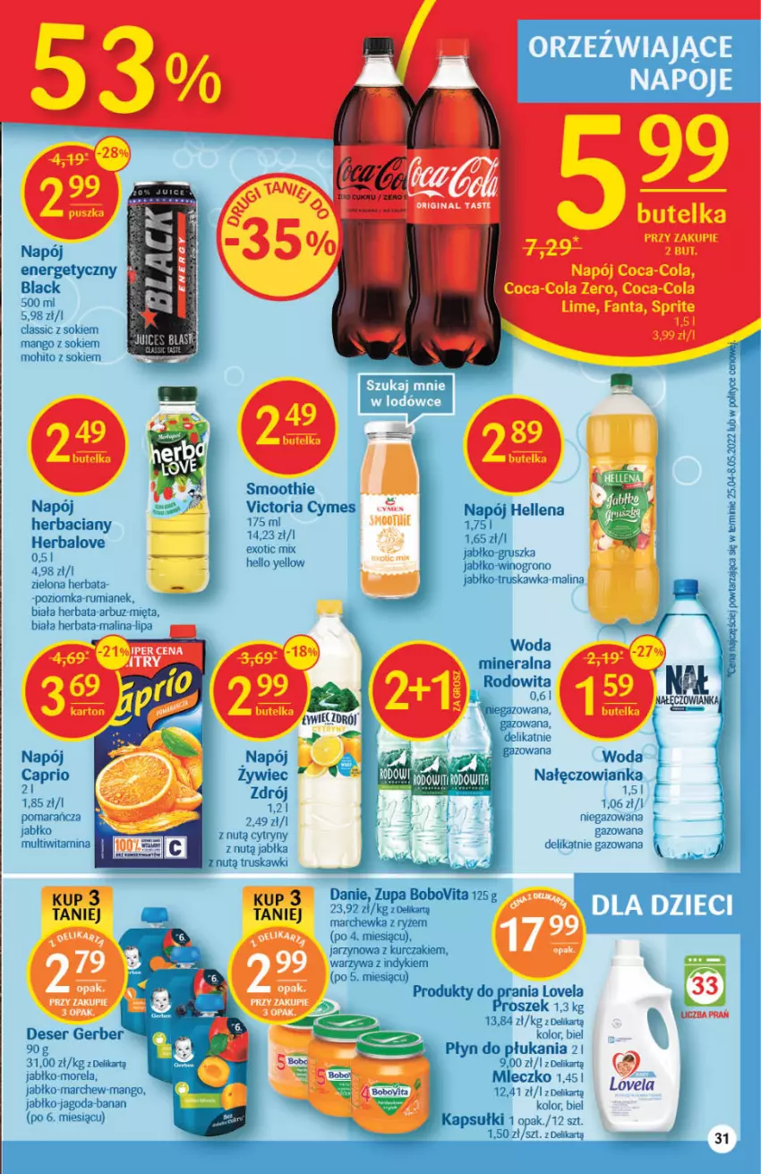 Gazetka promocyjna Delikatesy Centrum - Gazetka DC24 - ważna 23.06 do 29.06.2022 - strona 31 - produkty: Arbuz, BoboVita, Coca-Cola, Cytryny, Deser, Fa, Fanta, Gerber, Gin, Hellena, Herbata, Jabłka, Kurczak, Lack, Lovela, Mango, Marchewka, Mięta, Mleczko, Morela, Nałęczowianka, Napój, Płyn do płukania, Rum, Ryż, Ser, Smoothie, Sok, Truskawki, Warzywa, Wino, Woda, Woda mineralna, Zupa