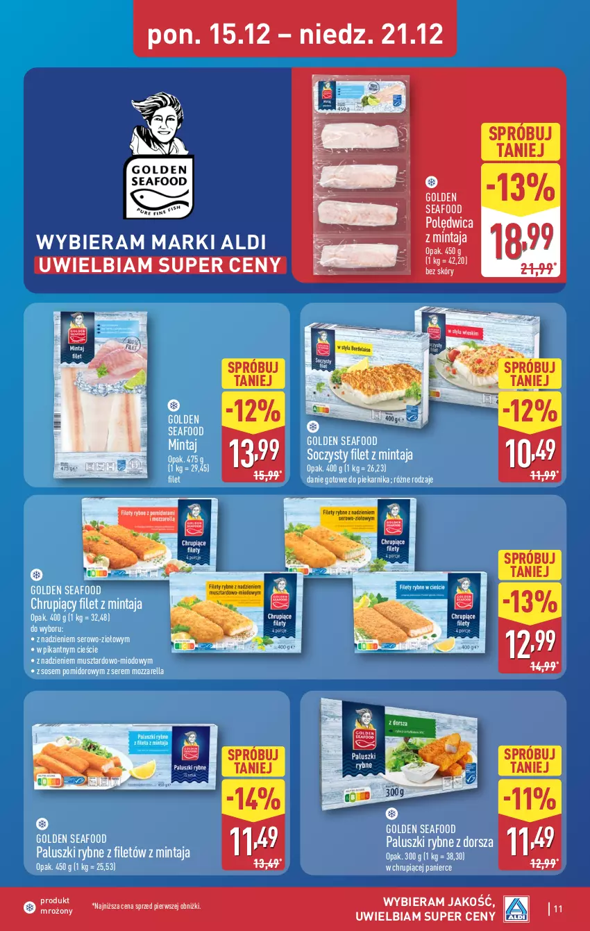 Gazetka promocyjna Aldi - Pełna oferta - ważna 15.12 do 21.12.2025 - strona 11 - produkty: Danie gotowe, Dorsz, Filet z mintaja, Golden Seafood, Mintaj, Mozzarella, Mus, Paluszki rybne, Piekarnik, Polędwica, Ser, Sos
