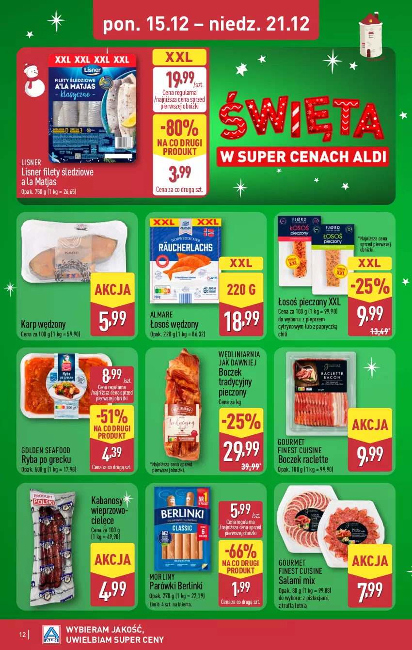 Gazetka promocyjna Aldi - Pełna oferta - ważna 15.12 do 21.12.2025 - strona 12 - produkty: Berlinki, Boczek, Golden Seafood, Kabanos, Karp, Lisner, Matjas, Morliny, Parówki, Piec, Pieprz, Ryba, Ryba po grecku, Salami