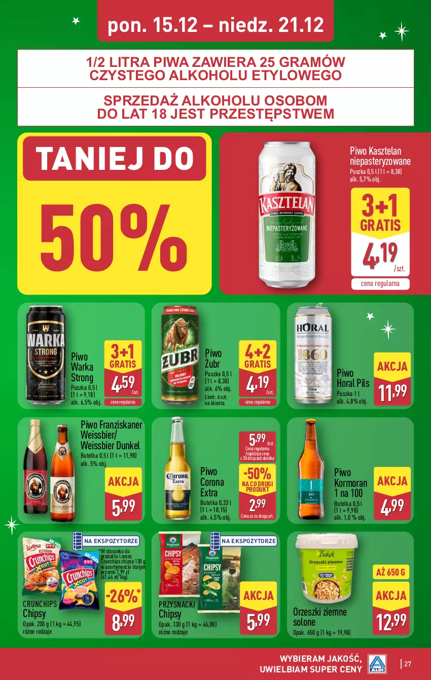 Gazetka promocyjna Aldi - Pełna oferta - ważna 15.12 do 21.12.2025 - strona 27 - produkty: Chipsy, Corona Extra, Crunchips, Gra, Kasztelan, Lorenz, Orzeszki, Orzeszki ziemne, Piwa, Piwo, Przysnacki, Skaner, Warka
