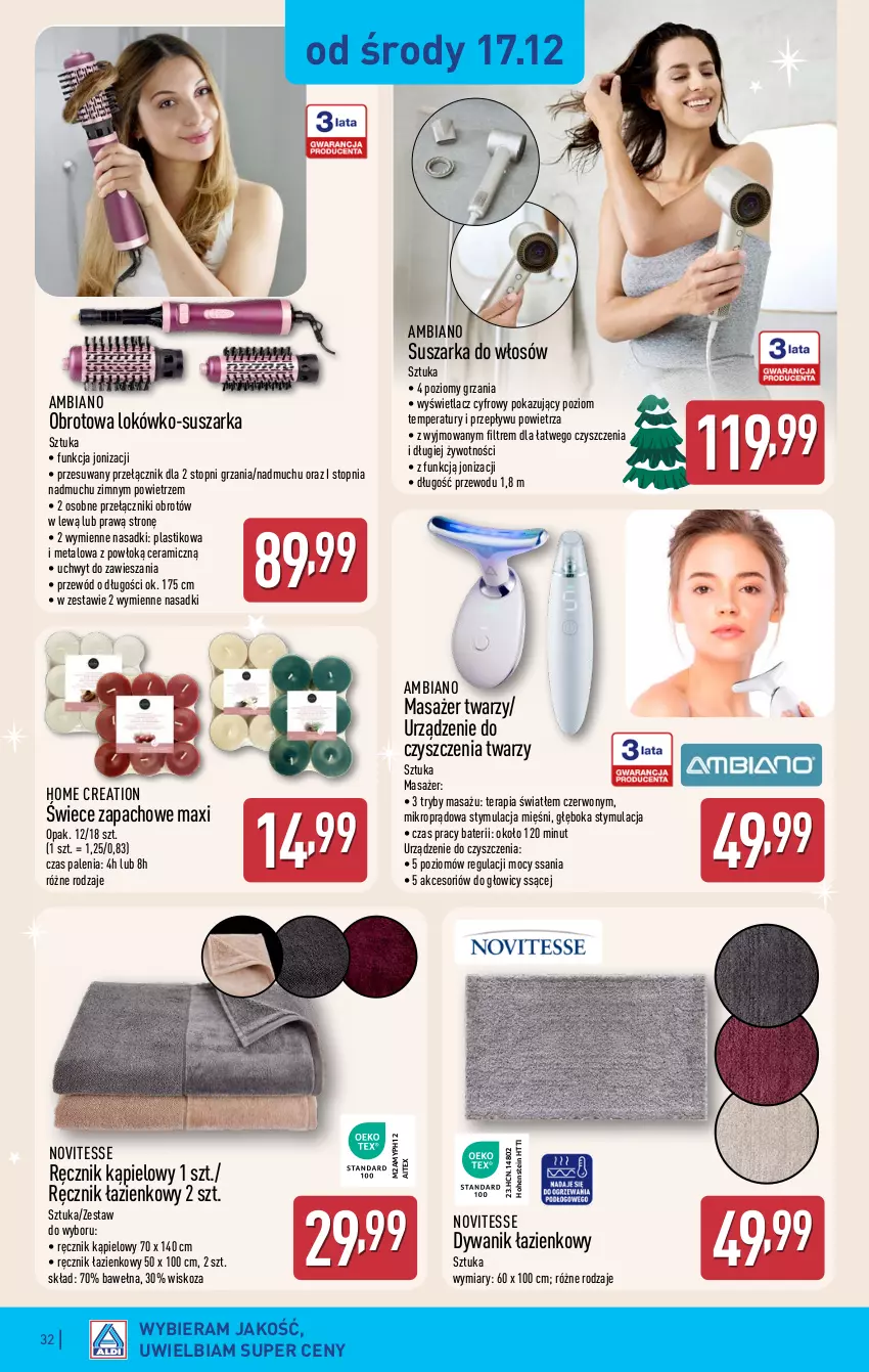 Gazetka promocyjna Aldi - Pełna oferta - ważna 15.12 do 21.12.2025 - strona 32 - produkty: Dywan, Dywanik, Dywanik łazienkowy, Masażer, Przewód, Ręcznik, Ręcznik kąpielowy, Suszarka, Tera, Top, Wełna