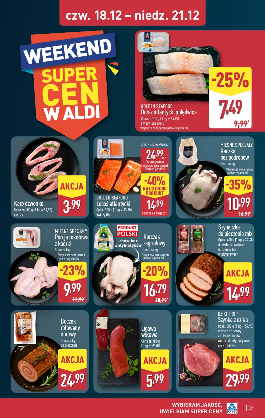 Gazetka promocyjna Aldi - Pełna oferta - ważna 15.12 do 21.12.2025 - strona 39 - produkty: Boczek, Dorsz, Golden Seafood, Kaczka, Karp, Kurczak, Mięsne specjały, Mięso, Piec, Polędwica, Por, Szynka