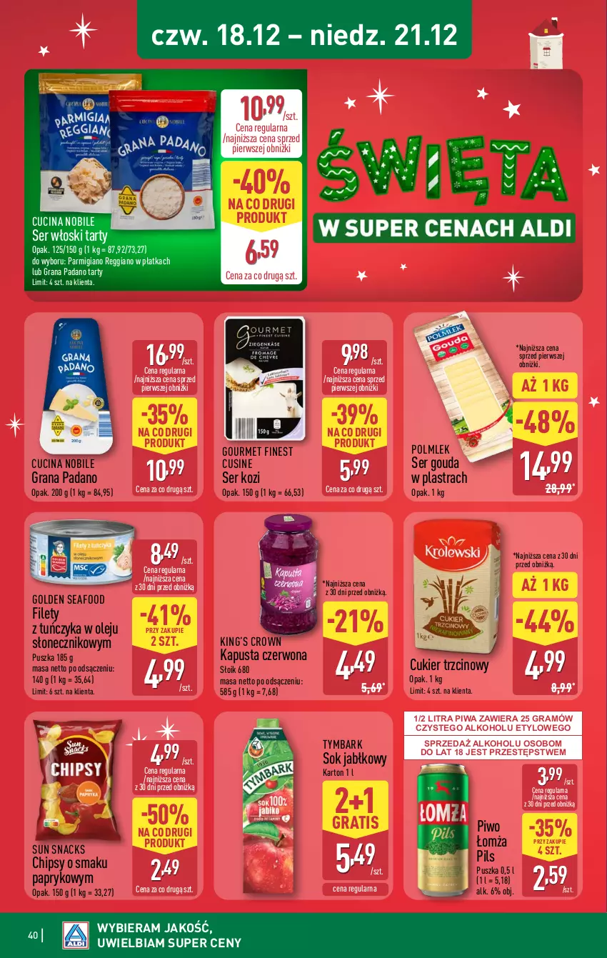 Gazetka promocyjna Aldi - Pełna oferta - ważna 15.12 do 21.12.2025 - strona 40 - produkty: Chipsy, Cukier, Cukier trzcinowy, Golden Seafood, Gouda, Gra, King’s Crown, Olej, Piwa, Piwo, POLMLEK, Ser, Ser kozi, Sok, Sok jabłkowy, Tuńczyk, Tymbark