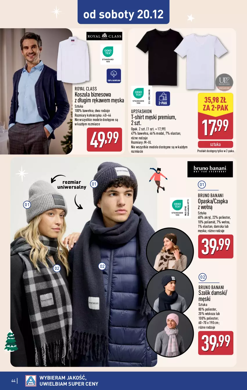 Gazetka promocyjna Aldi - Pełna oferta - ważna 15.12 do 21.12.2025 - strona 44 - produkty: Bruno Banani, Czapka, Fa, Kosz, Koszula, Moda, Opaska, Szal, T-shirt, Wełna