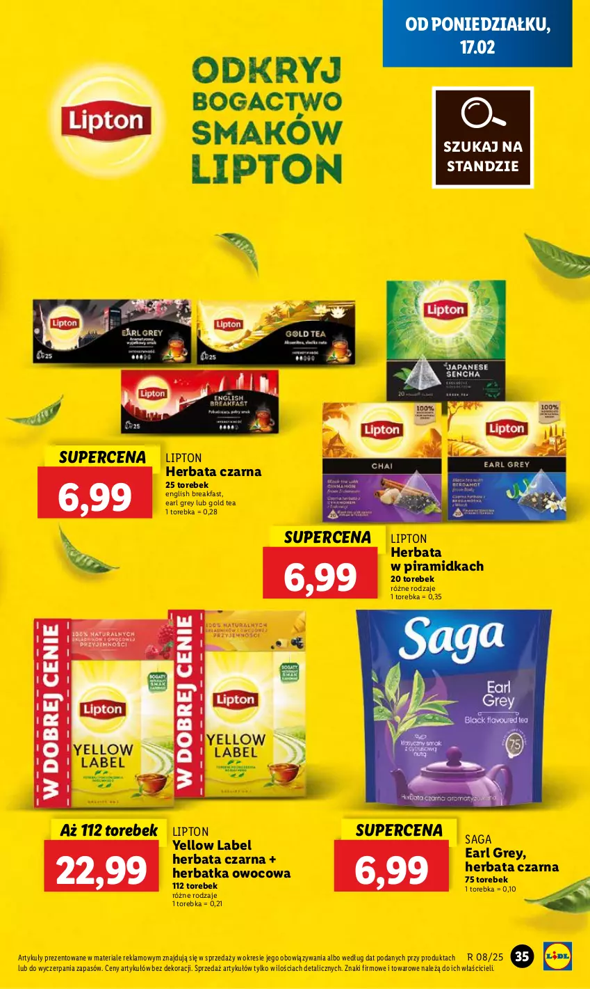 Gazetka promocyjna Lidl - GAZETKA - ważna 17.02 do 19.02.2025 - strona 37 - produkty: Earl Grey, Fa, Herbata, Herbata czarna, Lipton, Saga, Torebka