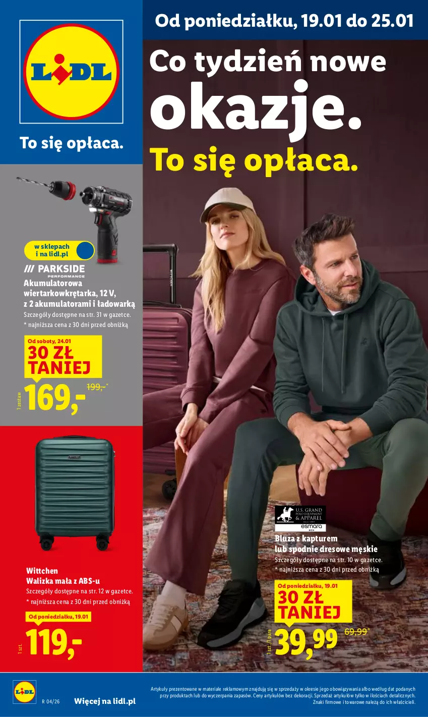 Gazetka promocyjna Lidl - GAZETKA - ważna 19.01 do 25.01.2026 - strona 1 - produkty: Akumulator, Akumulatorowa wiertarkowkrętark, Bluza, Bluza z kapturem, Dres, Spodnie, Spodnie dresowe, Tarka, Walizka, Wiertarkowkrętarka, Wittchen, Wkręt, Wkrętarka