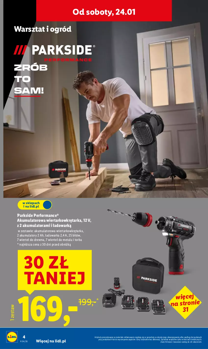 Gazetka promocyjna Lidl - GAZETKA - ważna 19.01 do 25.01.2026 - strona 4 - produkty: Akumulator, Akumulatorowa wiertarkowkrętark, Ogród, Parkside, Tarka, Torba, Warka, Wiertarkowkrętarka, Wkręt, Wkrętarka