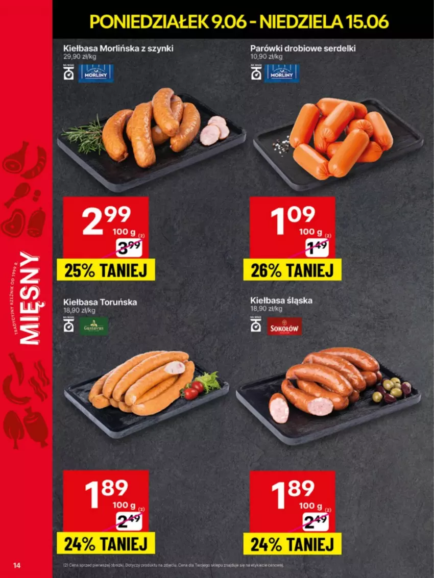 Gazetka promocyjna Delikatesy Centrum - Franczyza DC24 Poniedziałek - ważna 09.06 do 15.06.2025 - strona 14 - produkty: Kiełbasa, Sok, Sokołów