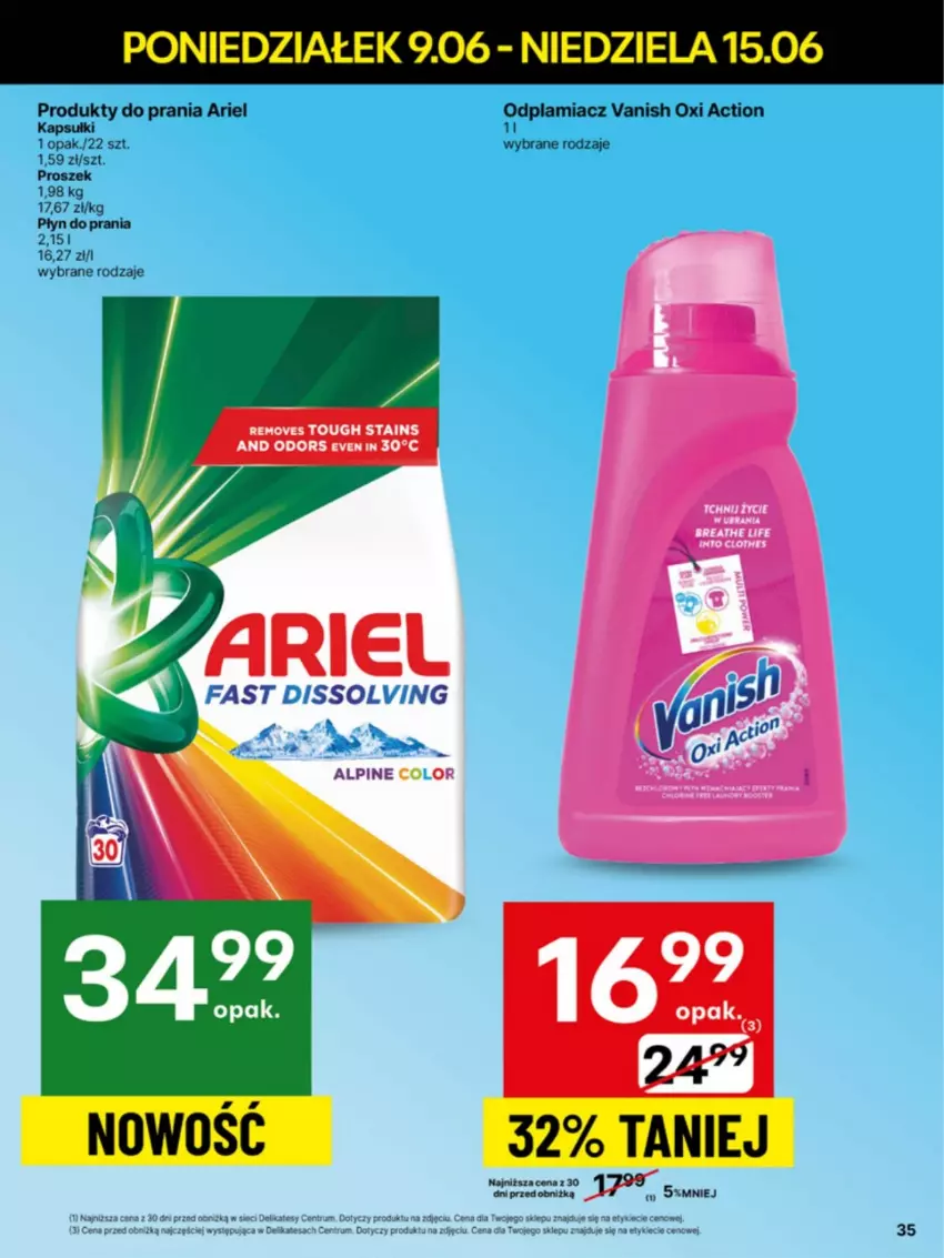 Gazetka promocyjna Delikatesy Centrum - Franczyza DC24 Poniedziałek - ważna 09.06 do 15.06.2025 - strona 35 - produkty: Ariel, Odplamiacz, Płyn do prania, Vanish