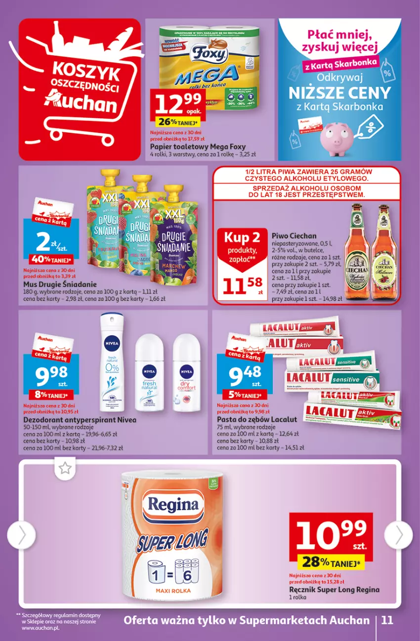 Gazetka promocyjna Auchan - Gazetka Tanie Zakupy Supermarket Auchan - ważna 03.08 do 09.08.2023 - strona 11 - produkty: Antyperspirant, Dezodorant, Foxy, Gin, Gra, Lacalut, Mus, Nivea, Papier, Papier toaletowy, Piwa, Piwo, Ręcznik, Rolki