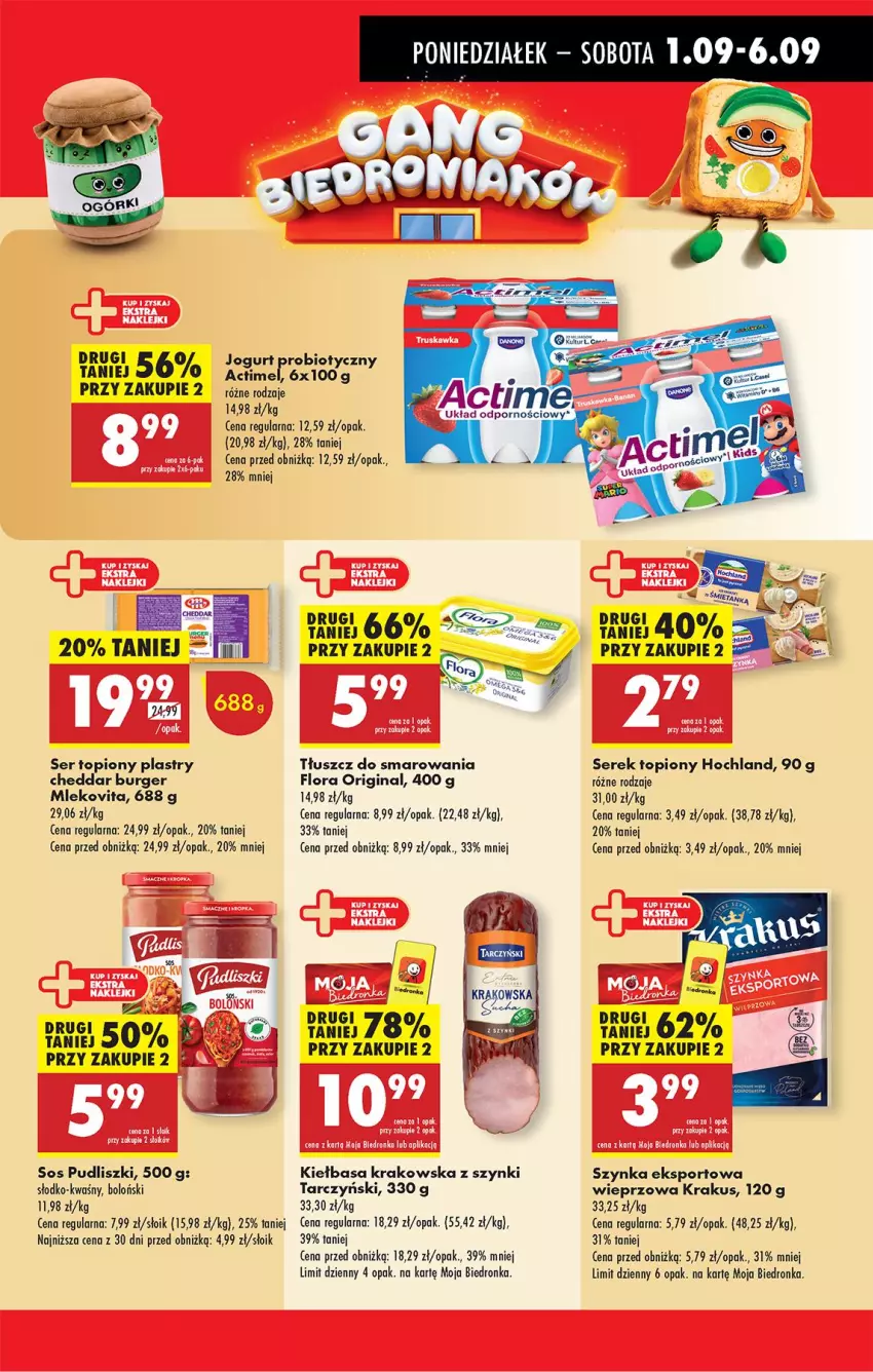 Gazetka promocyjna Biedronka - Od Poniedziałku - ważna 01.09 do 06.09.2025 - strona 25 - produkty: Burger, Cheddar, Flora, Gin, Hochland, Jogurt, Kiełbasa, Kiełbasa krakowska, Krakus, Mleko, Por, Pudliszki, Ser, Ser topiony, Serek, Sport, Szynka, Tarczyński, Top