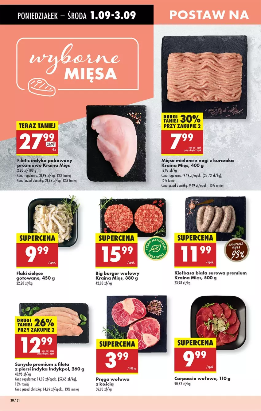 Gazetka promocyjna Biedronka - Od Poniedziałku - ważna 01.09 do 06.09.2025 - strona 32 - produkty: Burger, Carpaccio, Flaki, Kiełbasa, Kiełbasa biała, Kurczak, Mięso, Mięso mielone, Pręga wołowa, Ser, Tera