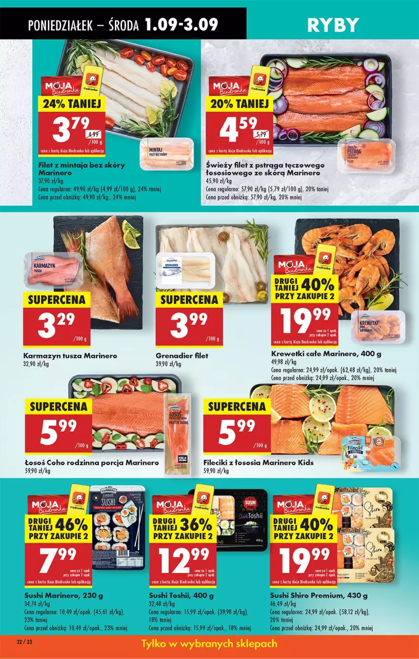 Gazetka promocyjna Biedronka - Od Poniedziałku - ważna 01.09 do 06.09.2025 - strona 34 - produkty: Filet z pstrąga, Grenadier, Karmazyn tusza, Krewetki, Por, Pstrąg, Sos, Tusz