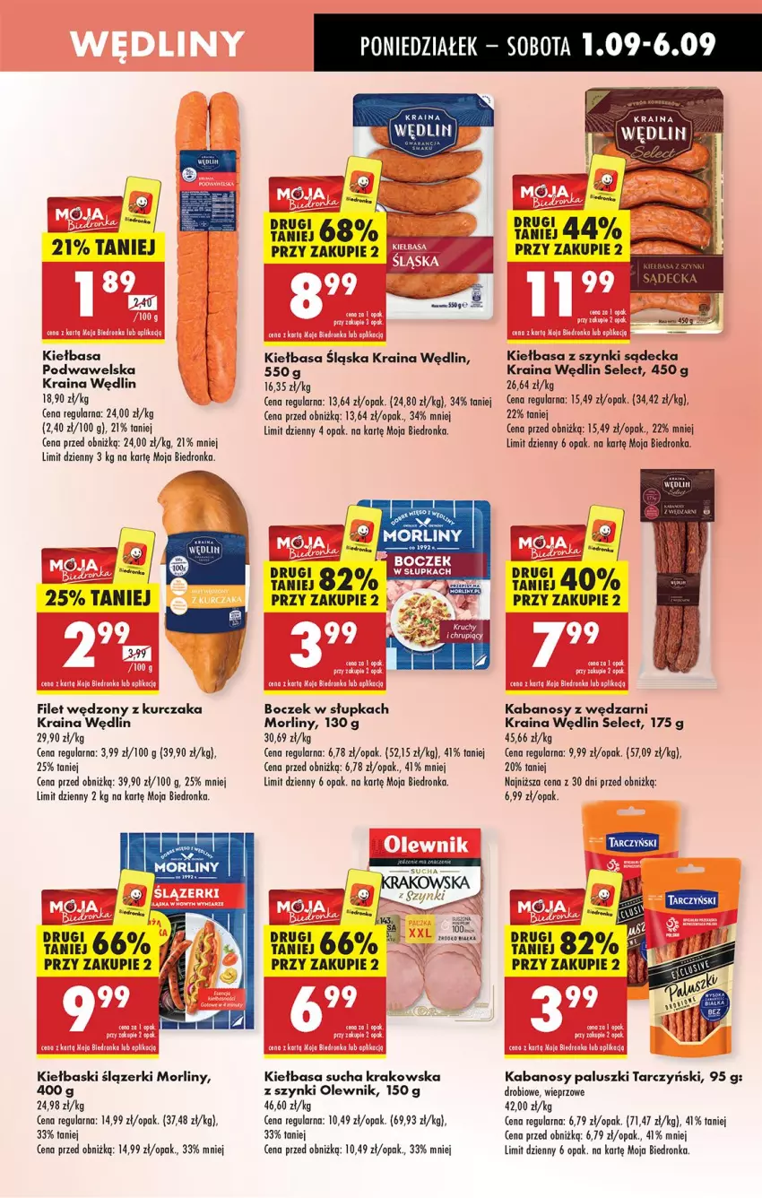 Gazetka promocyjna Biedronka - Od Poniedziałku - ważna 01.09 do 06.09.2025 - strona 41 - produkty: Boczek, Fa, Kabanos, Kiełbasa, Kiełbasa śląska, Kurczak, Morliny, Olewnik, Tarczyński, Wawel