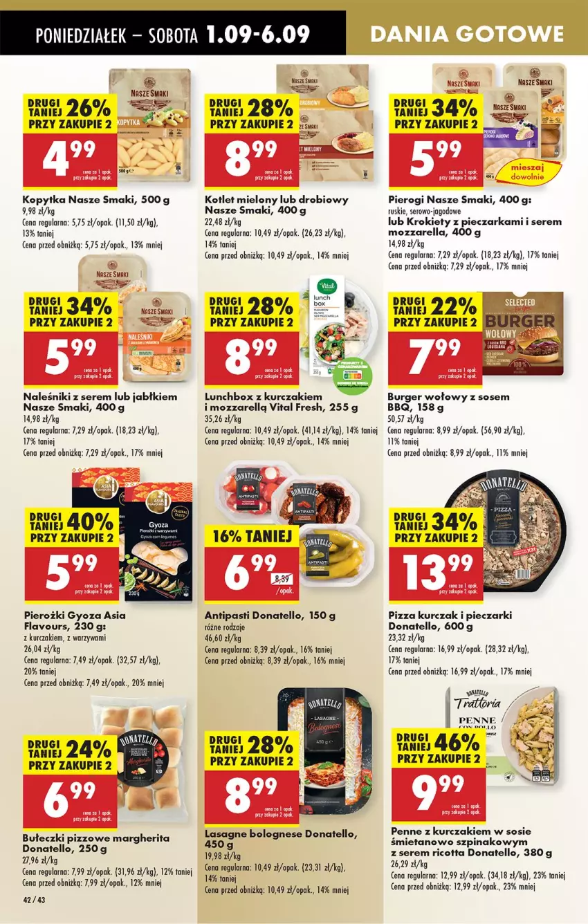 Gazetka promocyjna Biedronka - Od Poniedziałku - ważna 01.09 do 06.09.2025 - strona 44 - produkty: Bułeczki, Burger, Fa, Kopytka, Kotlet, Krokiety, Kurczak, Lasagne, Lasagne bolognese, Mozzarella, Naleśniki, Penne, Piec, Pieczarka, Pierogi, Pizza, Ricotta, Ser, Sos, Szpinak, Warzywa