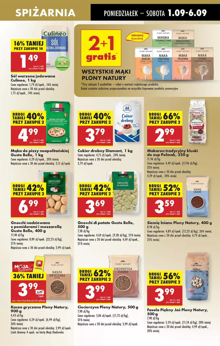 Gazetka promocyjna Biedronka - Od Poniedziałku - ważna 01.09 do 06.09.2025 - strona 45 - produkty: Babuni, Bell, Cukier, Diamant, Fa, Fasola, Gnocchi, Gry, Kasza, Kasza gryczana, Mąka, Mąka do pizzy, Mąka pszenna, Makaron, Olma, Pizza, Por, Siemię Iniane, Sól