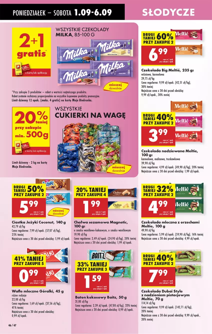 Gazetka promocyjna Biedronka - Od Poniedziałku - ważna 01.09 do 06.09.2025 - strona 48 - produkty: Baton, Ciastka, Cukier, Cukierki, Czekolada, Czekolada mleczna, Czekolada nadziewana, Góralki, Gra, Jeżyki, Kakao, Kokos, Milka, Por, Sezam, Wafle