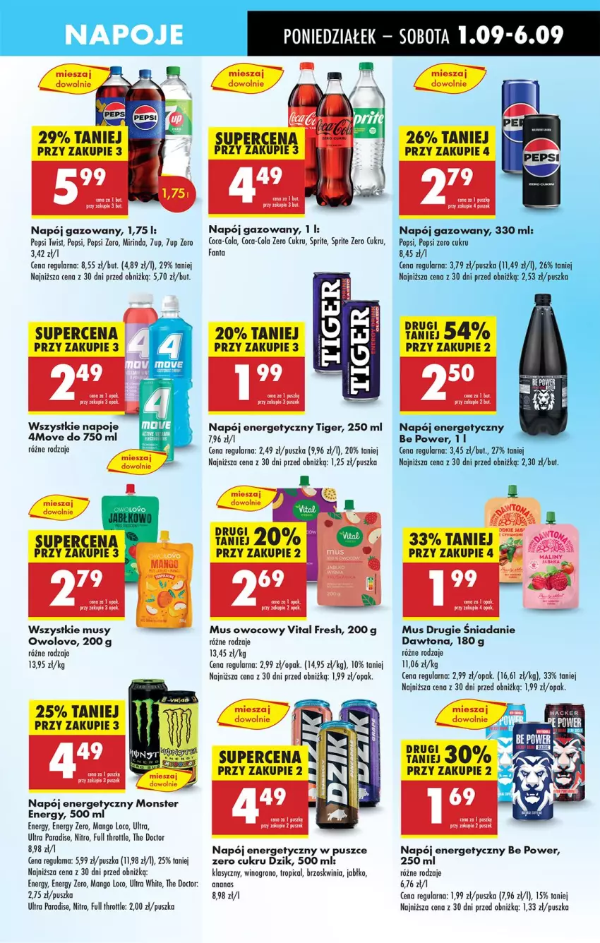 Gazetka promocyjna Biedronka - Od Poniedziałku - ważna 01.09 do 06.09.2025 - strona 53 - produkty: 7up, Ananas, Coca-Cola, Dawtona, Fa, Fanta, Full Throttle, Mango, Mirinda, Mus, Napój, Napój energetyczny, Napój gazowany, Napoje, Pepsi, Sprite, Tiger, Tropical, Wino