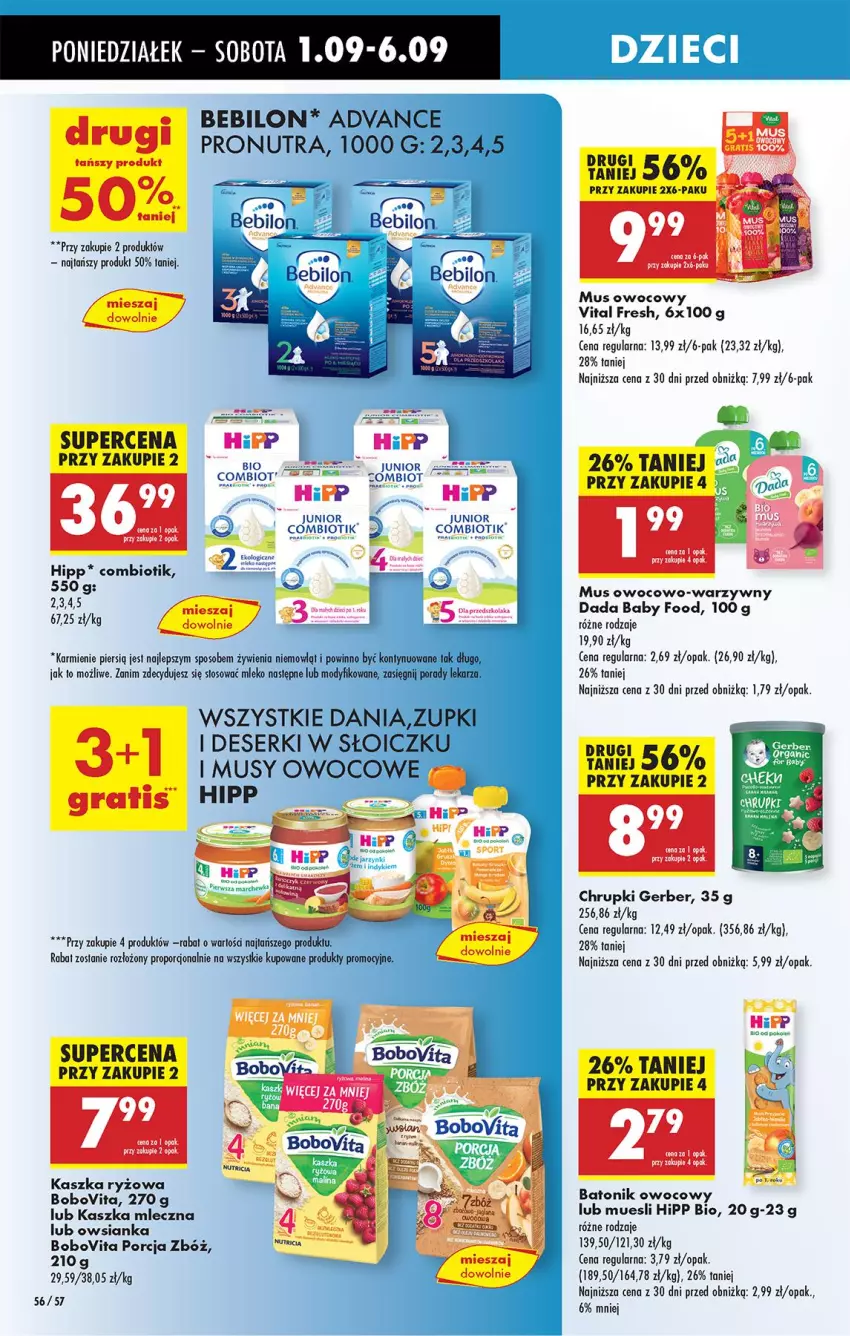 Gazetka promocyjna Biedronka - Od Poniedziałku - ważna 01.09 do 06.09.2025 - strona 58 - produkty: Baton, BEBILON, BoboVita, Chrupki, Dada, Deser, Gerber, HiPP, Hipp Bio, Karmi, Leon, Mleko, Mus, O nas, Owsianka, Por, Ryż, Ser, Sok, Tonik
