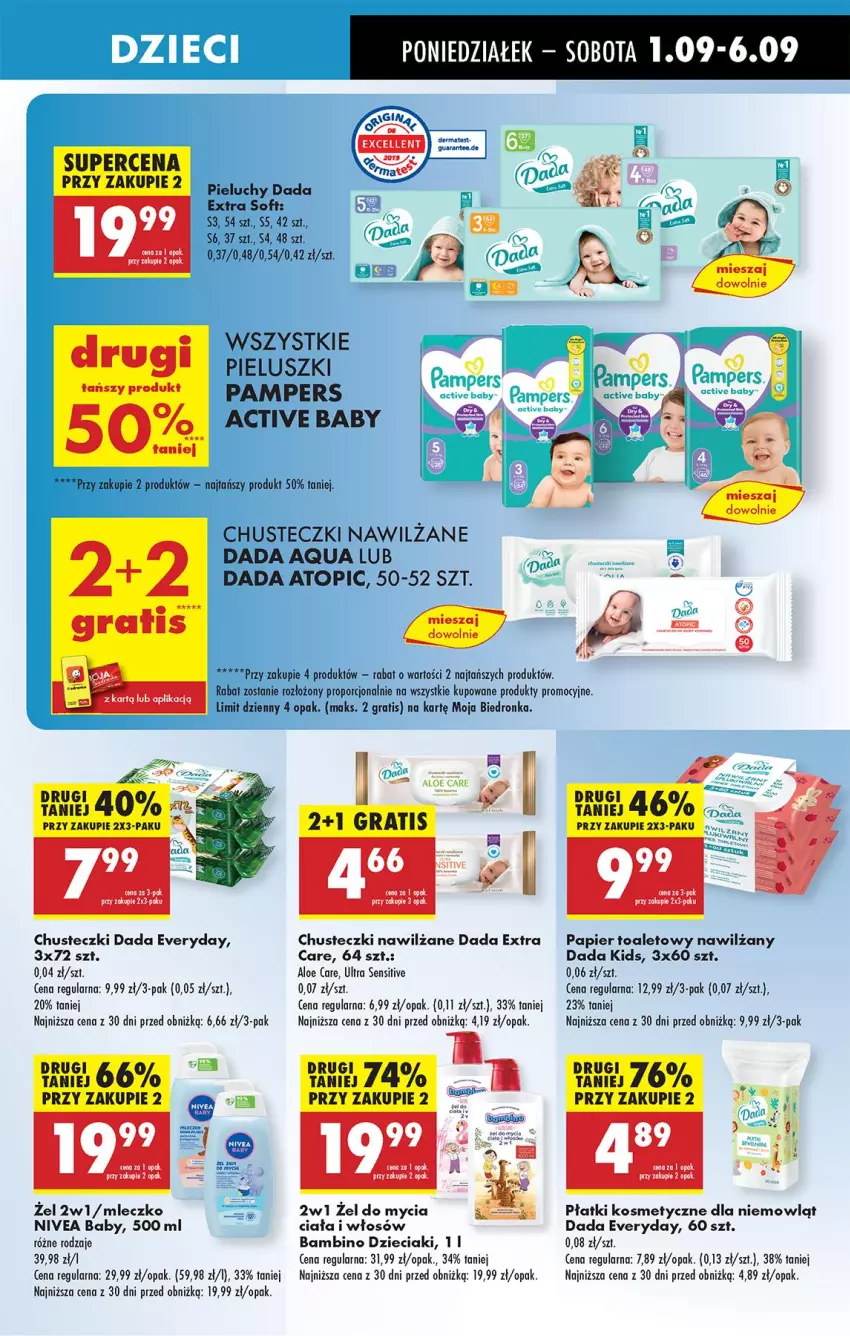 Gazetka promocyjna Biedronka - Od Poniedziałku - ważna 01.09 do 06.09.2025 - strona 59 - produkty: Chusteczki, Dada, Dzieci, Gra, LG, Mleczko, Nivea, Nivea Baby, Pampers, Papier, Papier toaletowy, Pieluchy, Płatki kosmetyczne, Por, Top