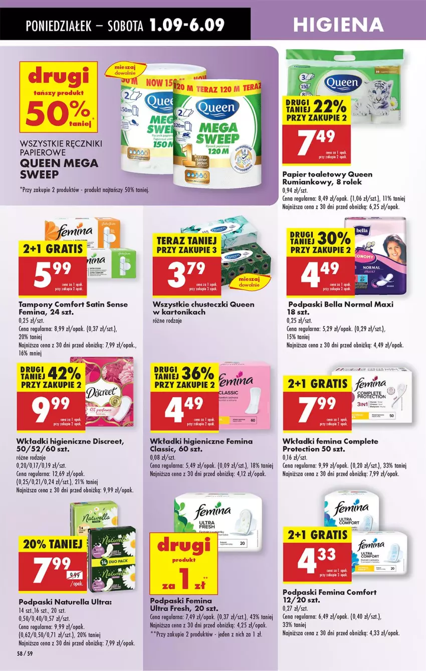 Gazetka promocyjna Biedronka - Od Poniedziałku - ważna 01.09 do 06.09.2025 - strona 60 - produkty: Bell, Bella, Chusteczki, Discreet, Fa, Gra, Leon, Naturell, Naturella, Papier, Papier toaletowy, Podpaski, Ręcznik, Ręczniki papierowe, Rum, Sati, Tampony, Tera, Tonik, Wkładki