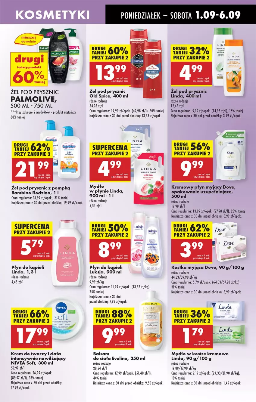 Gazetka promocyjna Biedronka - Od Poniedziałku - ważna 01.09 do 06.09.2025 - strona 61 - produkty: Balsam do ciała, Dove, Eveline, Fa, Kostka myjąca, Krem do twarzy, Luksja, Mydło, Mydło w płynie, Nivea, Old Spice, Palmolive, Płyn do kąpieli, Por