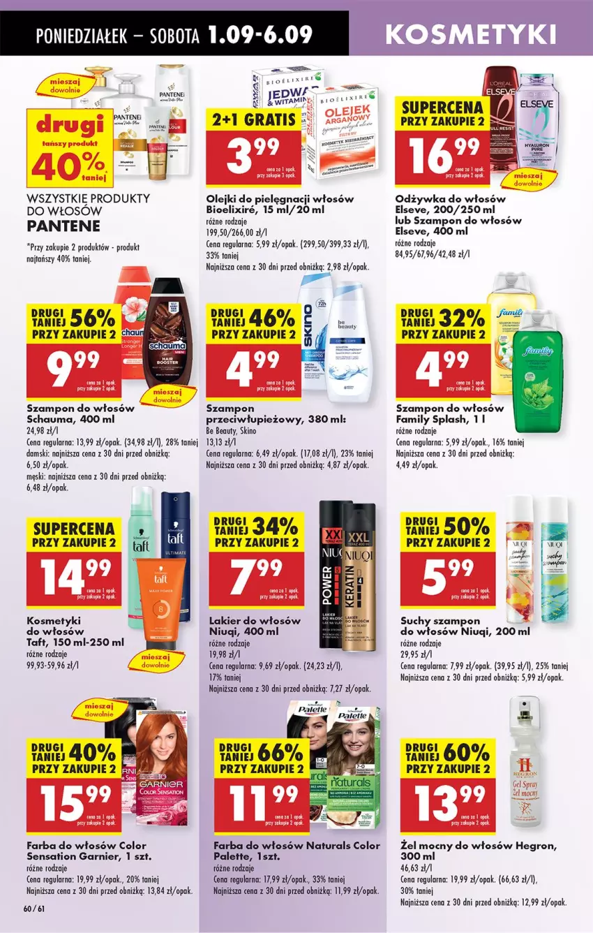 Gazetka promocyjna Biedronka - Od Poniedziałku - ważna 01.09 do 06.09.2025 - strona 62 - produkty: Be Be, Elseve, Fa, Farba do włosów, Garnier, Hegron, Lakier, Lakier do włosów, Niuqi, Odżywka, Olej, Palette, Pantene, Sati, Schauma, Szampon, Taft
