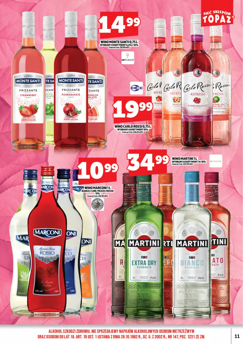 Gazetka promocyjna Topaz - Gazetka - ważna 01.11 do 16.11.2025 - strona 13 - produkty: Carlo Rossi, Martini, Monte, Monte Santi, Vermouth, Wino