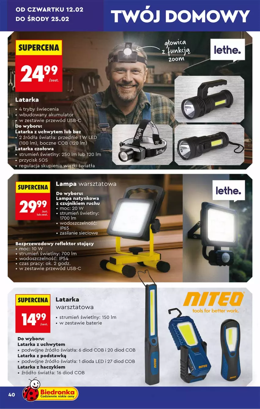 Gazetka promocyjna Biedronka - Okazje Tygodnia - ważna 07.02 do 21.02.2026 - strona 40 - produkty: Akumulator, Haczyk, Lampa, Latarka, Latarka czołowa, Przewód, Reflektor, Rum, Silan, Sos, Tarka