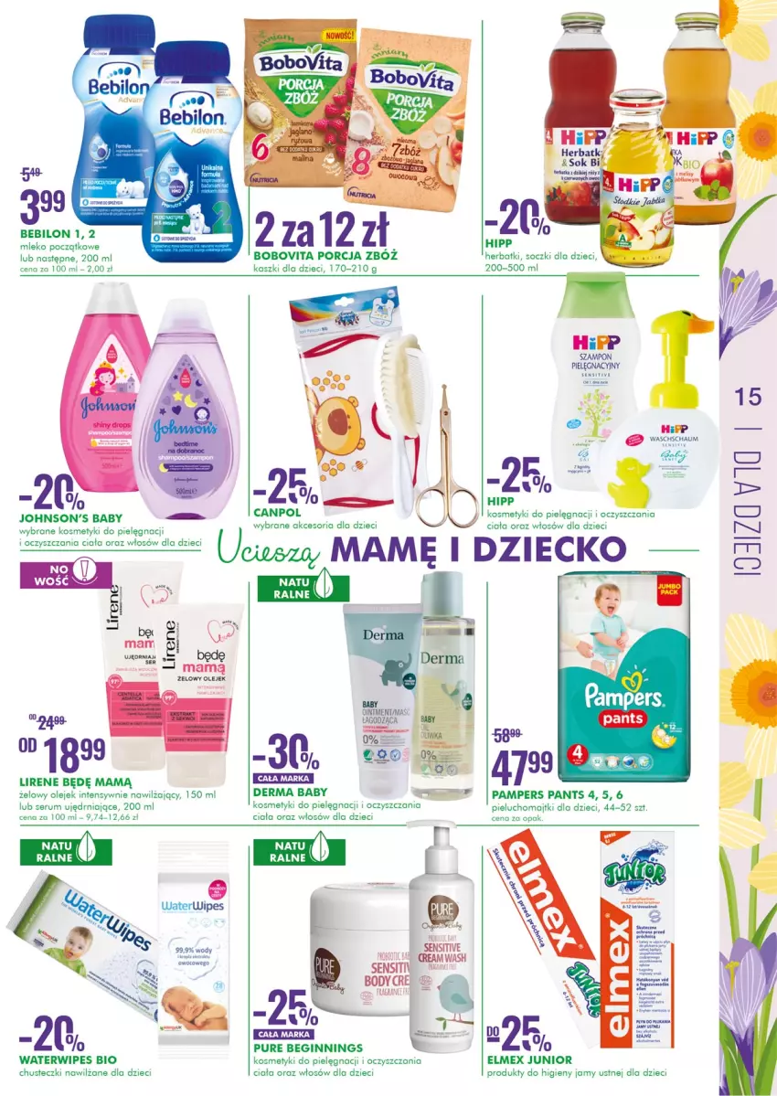 Gazetka promocyjna Super Pharm - Gazetka - ważna 07.04 do 20.04.2022 - strona 15 - produkty: BEBILON, BoboVita, Chusteczki, Chusteczki nawilzane, Dzieci, Elmex, Gin, HiPP, Johnson's, Johnson's Baby, Kosmetyki do pielęgnacji, Lirene, Majtki, Mleko, Olej, Pampers, Pieluchomajtki, Por, Pur, Rum, Ser, Serum, Szampon