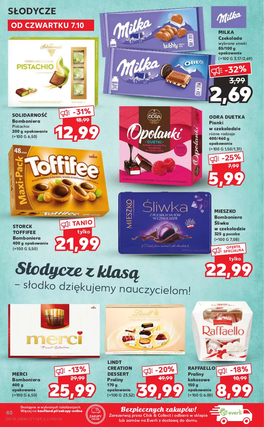 Gazetka promocyjna Kaufland - OFERTA TYGODNIA - ważna 07.10 do 13.10.2021 - strona 40 - produkty: Bomboniera, Czekolada, Fa, Kokos, Lindt, Merci, Milka, Piec, Praliny, Raffaello, Ser, Toffifee