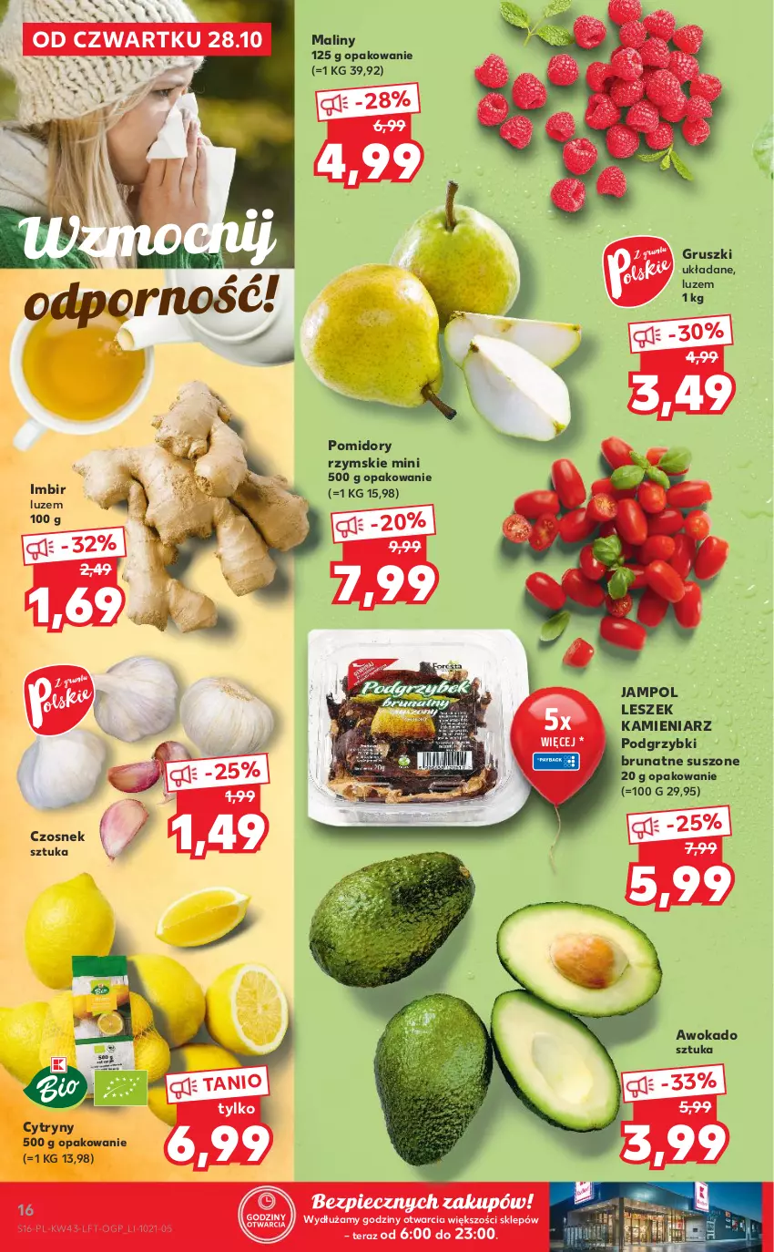 Gazetka promocyjna Kaufland - OFERTA TYGODNIA - ważna 28.10 do 03.11.2021 - strona 16 - produkty: Cytryny, Czosnek, Gruszki, Imbir, Maliny, Piec, Podgrzybki, Pomidory, Por, Tera