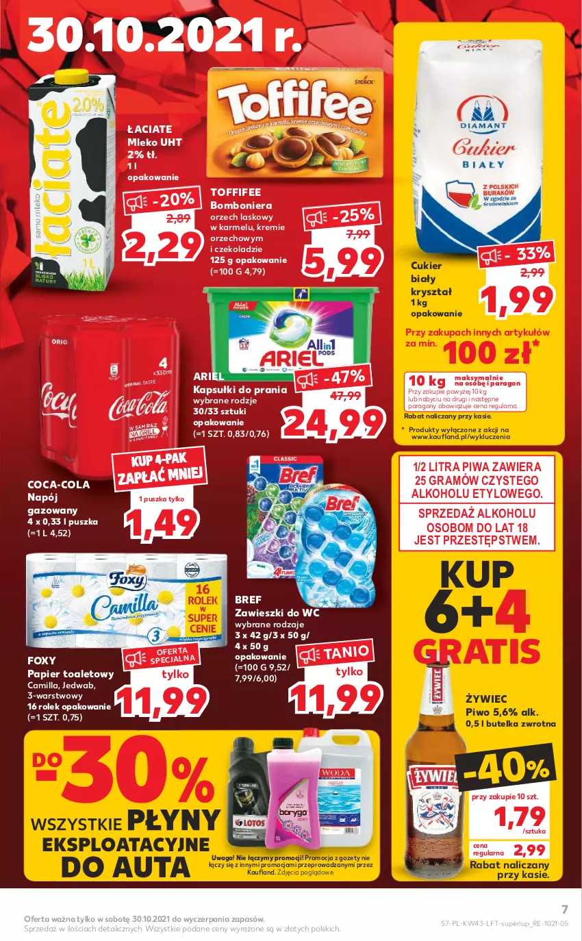 Gazetka promocyjna Kaufland - OFERTA TYGODNIA - ważna 28.10 do 03.11.2021 - strona 7 - produkty: Ariel, Bomboniera, Bref, Coca-Cola, Cukier, Foxy, Gra, Kapsułki do prania, Mleko, Napój, Napój gazowany, Papier, Papier toaletowy, Piwa, Piwo, Toffifee, Waga, Zawieszki