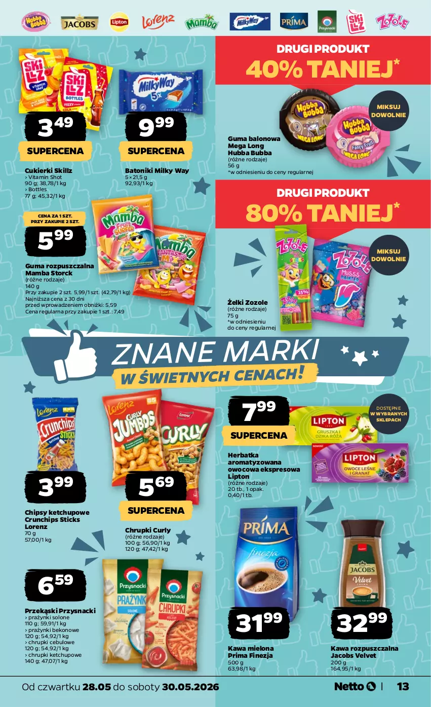 Gazetka promocyjna Netto - Od Czwartku - ważna 28.05 do 30.05.2026 - strona 13 - produkty: Baton, Beko, Chipsy, Chrupki, Crunchips, Cukier, Cukierki, Guma rozpuszczalna, Jacobs, Jacobs Velvet, Kawa, Kawa mielona, Kawa rozpuszczalna, Ketchup, Lipton, Lorenz, Mamba, Milky Way, Prima, Przysnacki, Tonik, Velvet