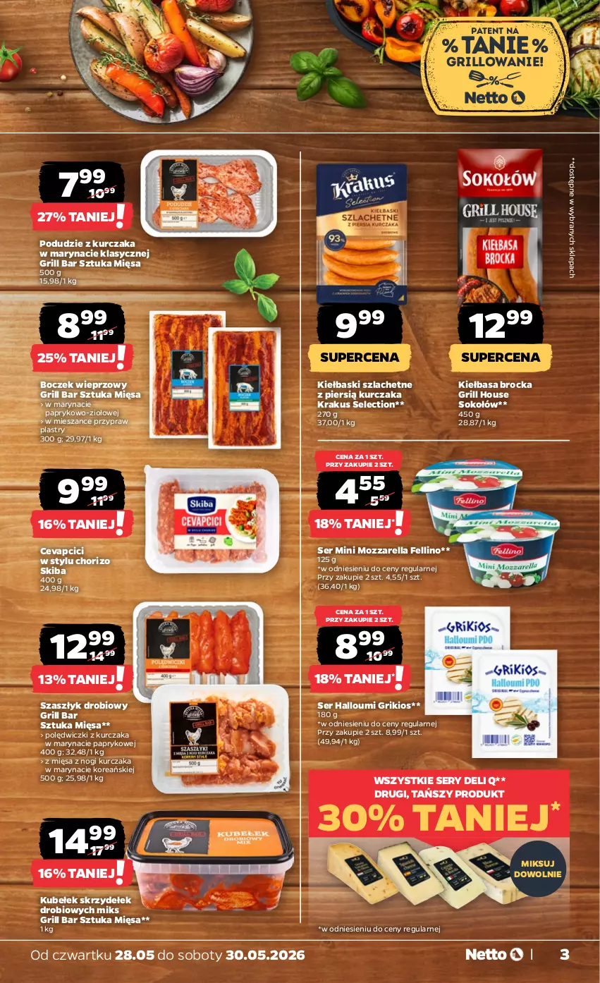 Gazetka promocyjna Netto - Od Czwartku - ważna 28.05 do 30.05.2026 - strona 3 - produkty: Boczek, Boczek wieprzowy, Grill, Kiełbasa, Krakus, Kurczak, Mozzarella, Podudzie z kurczaka, Polędwiczki z kurczaka, Ser, Sok, Sokołów